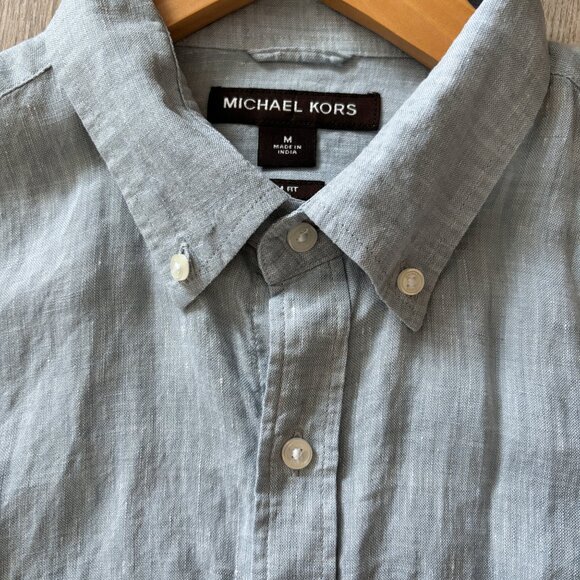 Michael Kors Linen Light Blue Button Down Shirt Mens Medium Preppy Vacation - Picture 5 of 16